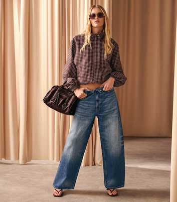 Blue Wash Vintage Fold Over Waistband Barrel Leg Jeans