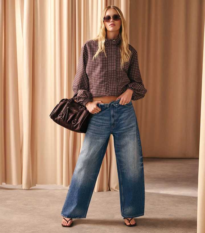 Blue Wash Vintage Fold Over Waistband Barrel Leg Jeans