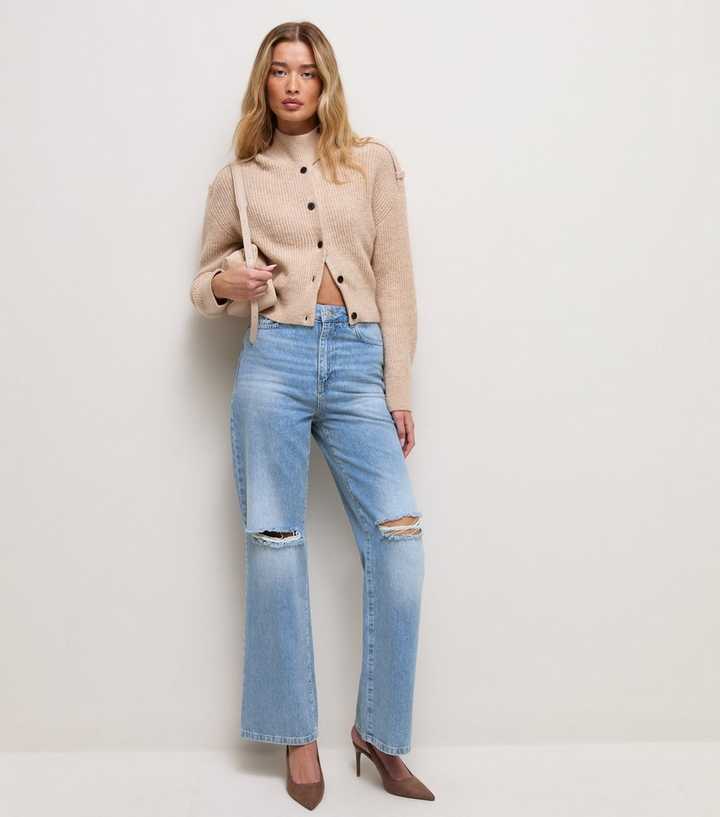 Tall Mid Blue Ripped Knee Wide Leg Adalae Jeans