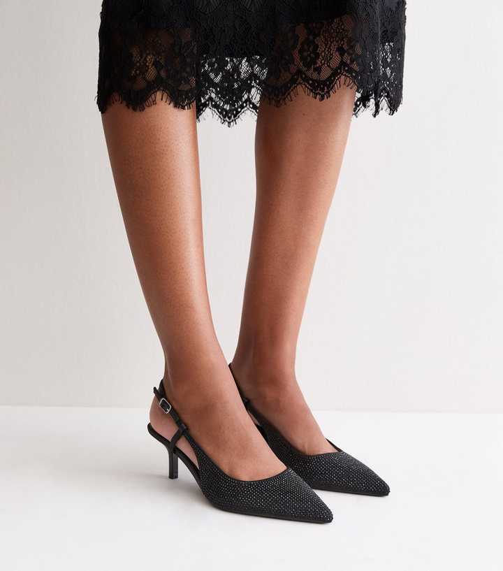 Black Embellished Slingback Kitten heels