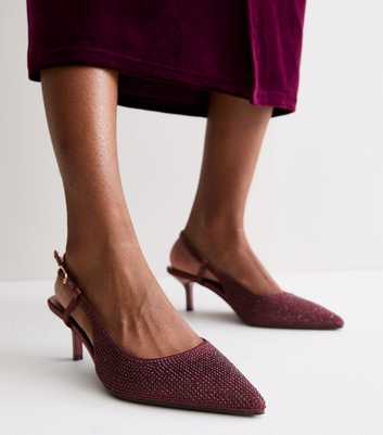 Burgundy Embellished Slingback Kitten Heels