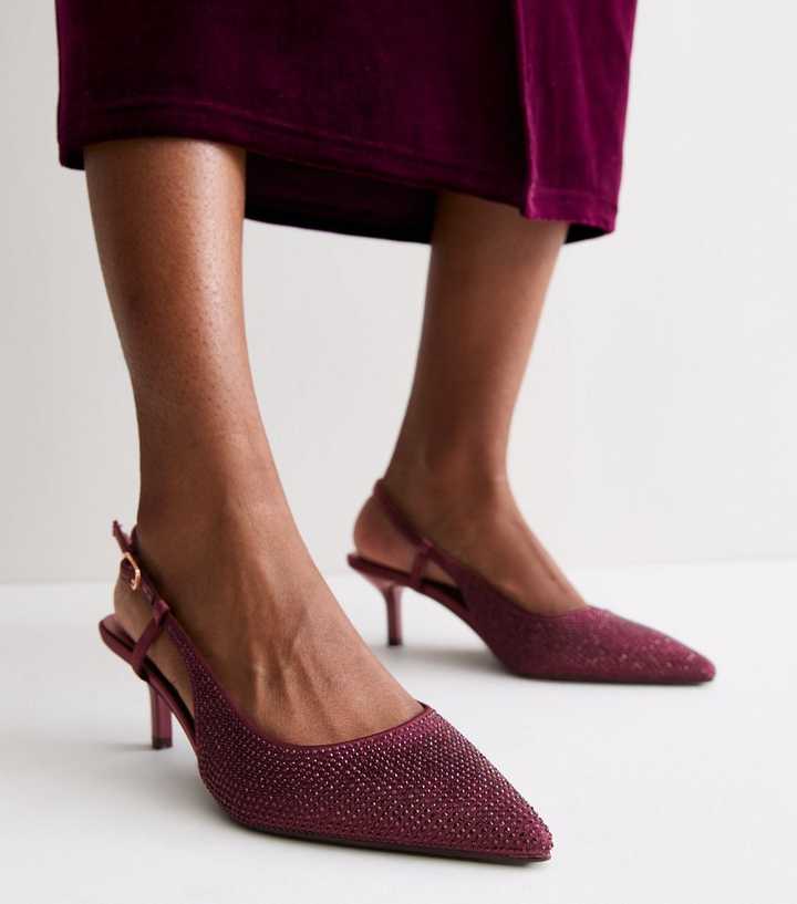 Burgundy Embellished Slingback Kitten Heels