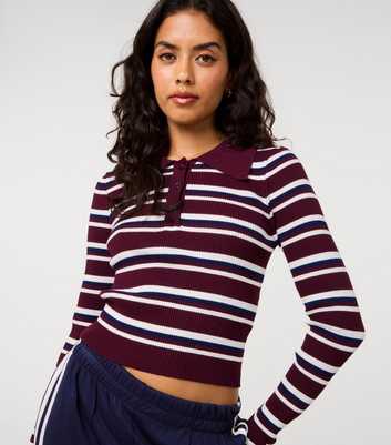 Pink Vanilla Dark Burgundy Striped Long Sleeve Polo Shirt