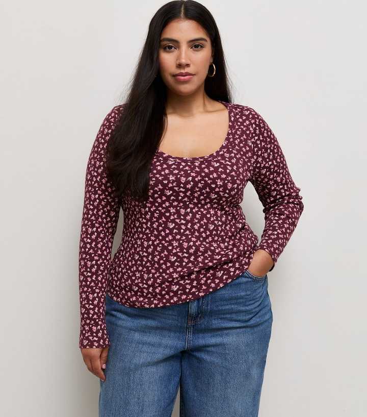 Curves Red Floral Cotton Rich Scoop Neck Long Sleeve Top