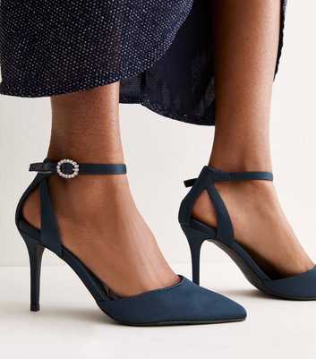 Wide Fit Navy Satin Embellished Buckle Stiletto Heels