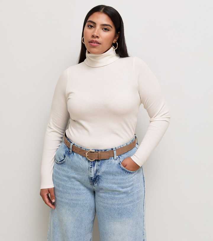 Curves Cream Cotton Rich Rib Roll Neck Long Sleeve Top