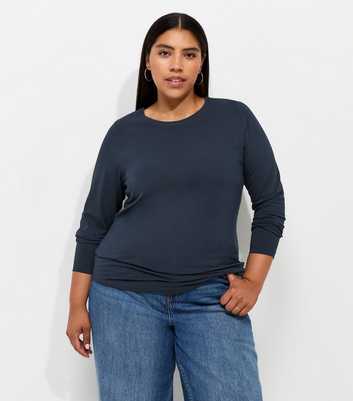 Curves Navy Cotton Rich Long Sleeve Top