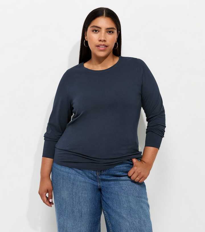 Curves Navy Cotton Rich Long Sleeve Top