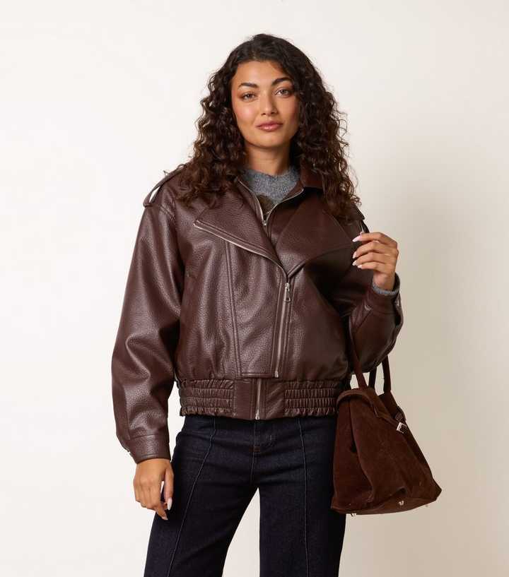 Blue Vanilla Dark Brown Faux Leather Double Zip Oversized Jacket