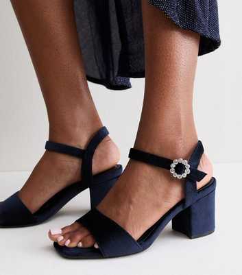 Wide Fit Navy Velvet Block Heel Sandals