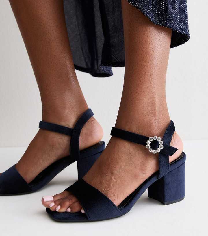 Wide Fit Navy Velvet Block Heel Sandals