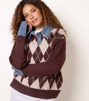 Blue Vanilla Dark Brown Denim Collar Argyle Polo Jumper