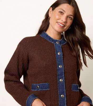 Blue Vanilla Dark Brown Denim Trim Ribbed Knit Cardigan