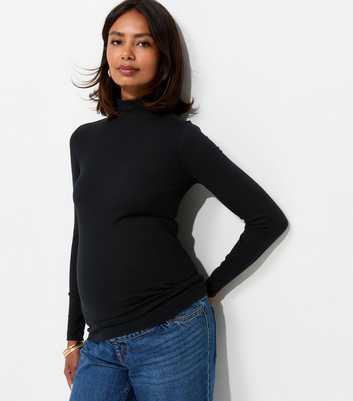 Maternity Black Cotton Rich Ribbed High Neck Top