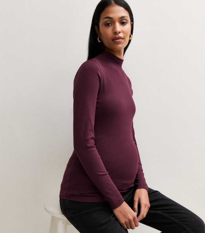 Maternity Dark Purple Cotton Rich Ribbed High Neck Long Sleeve Top