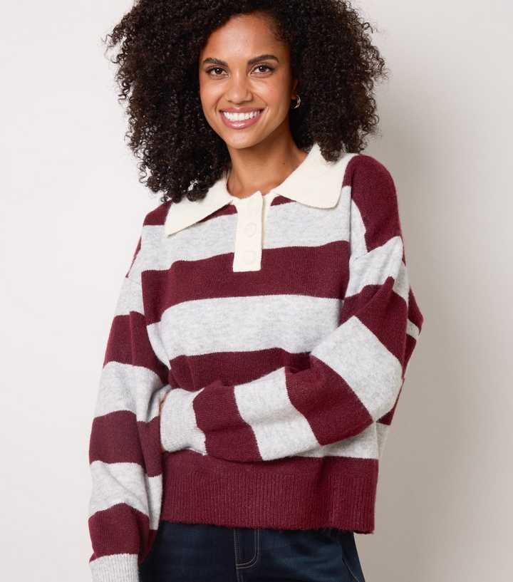 Blue Vanilla Dark Burgundy Striped Knitted Polo Jumper
