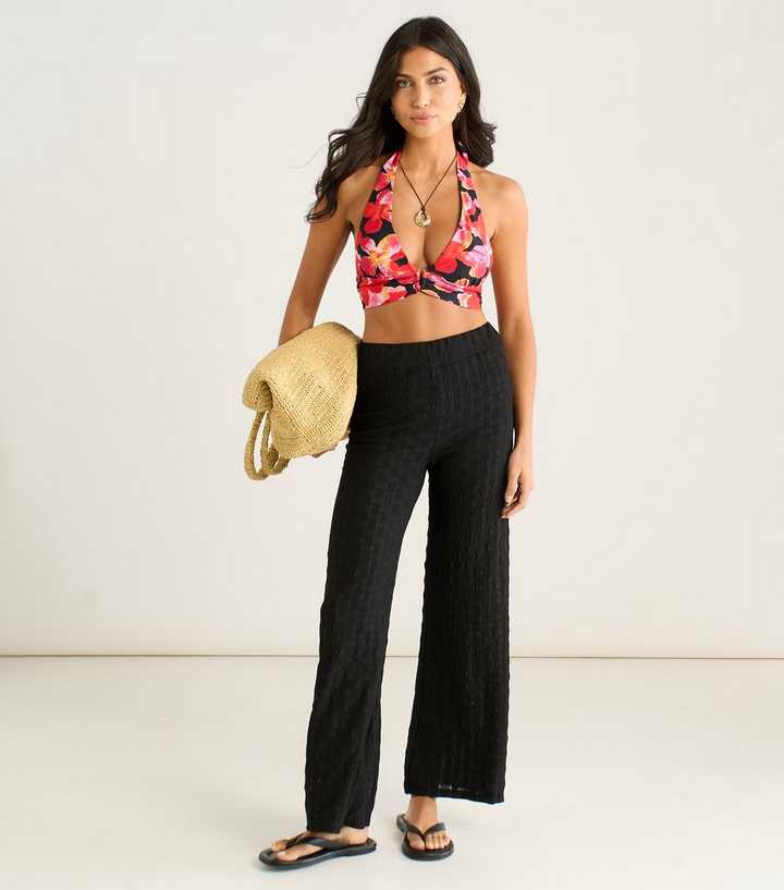 Gini London Black Textured Beach Wide Leg Trousers