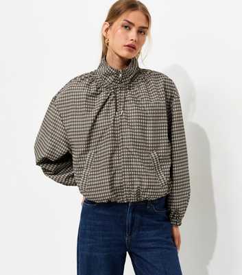 Brown Check High Neck  Zip Through Jacket