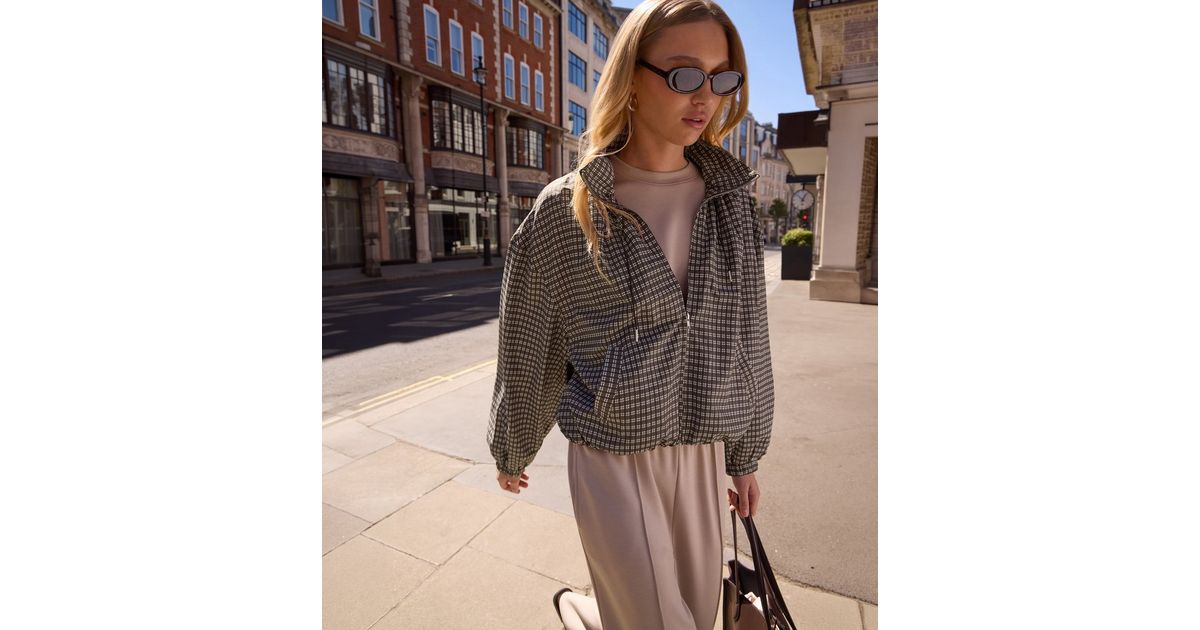 Brown Check High Neck  Zip Through Jacket