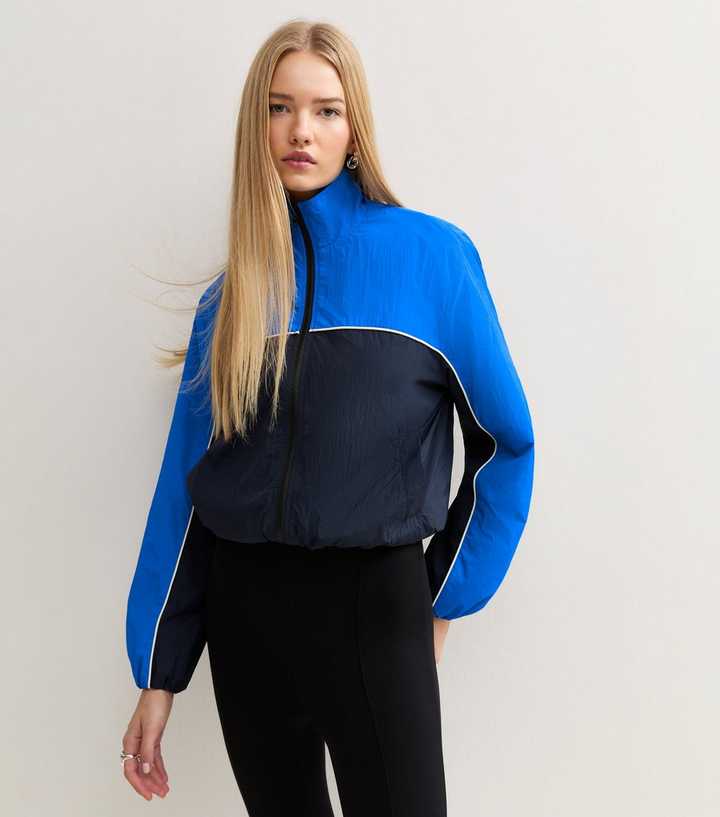 Blue Colour Block Zip Up Funnel Neck Windbreaker Jacket