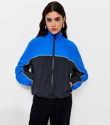 Blue Colour Block Zip Up Funnel Neck Jacket