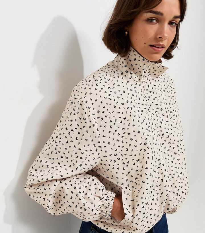 Cream Ditsy Floral Bubble Hem High Neck Jacket