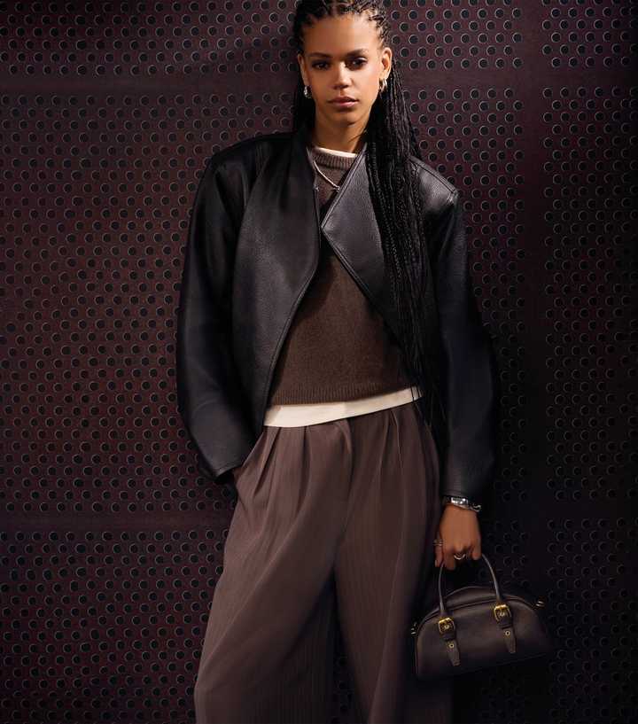 Black Faux Leather Power Shoulder Wrap Jacket