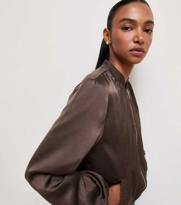 Dark Brown Satin Bomber Jacket