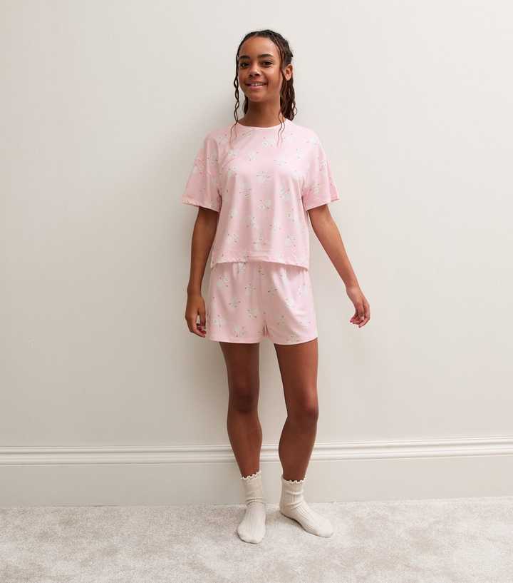 Girls Light Pink Christmas Snowman Print Short Sleeve Pyjama Set