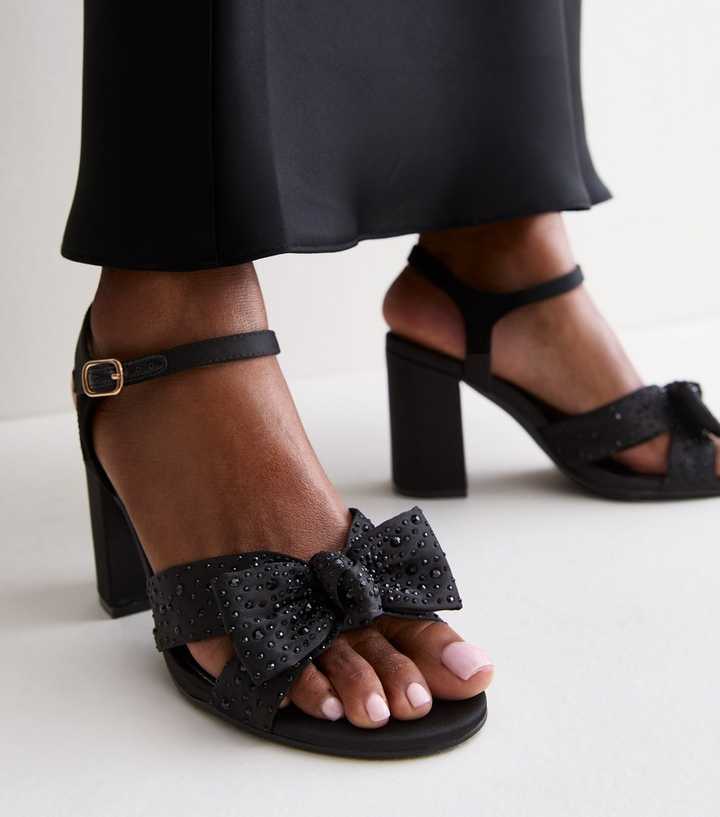 Black Satin Embellished Knot Block Heel Sandals