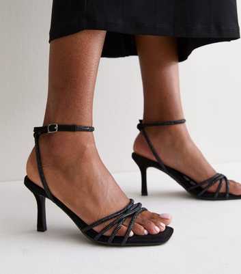 Black Embellished Satin Multi Strap Stiletto Heel Sandals