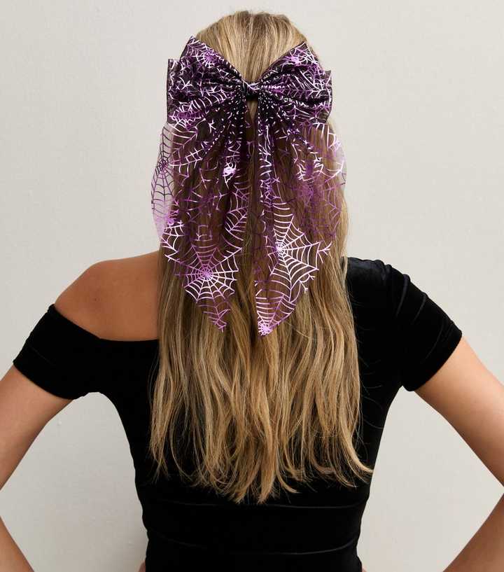 Purple Halloween Spider Web Print Mesh Bow Hair Slide