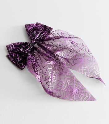 Purple Halloween Spider Web Print Mesh Bow Hair Slide