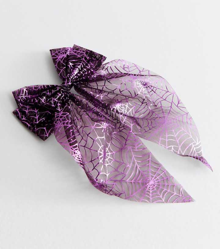 Purple Halloween Spider Web Print Mesh Bow Hair Slide