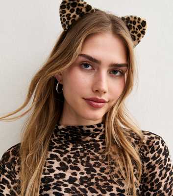 Brown Faux Fur Leopard Cat Ears Headband