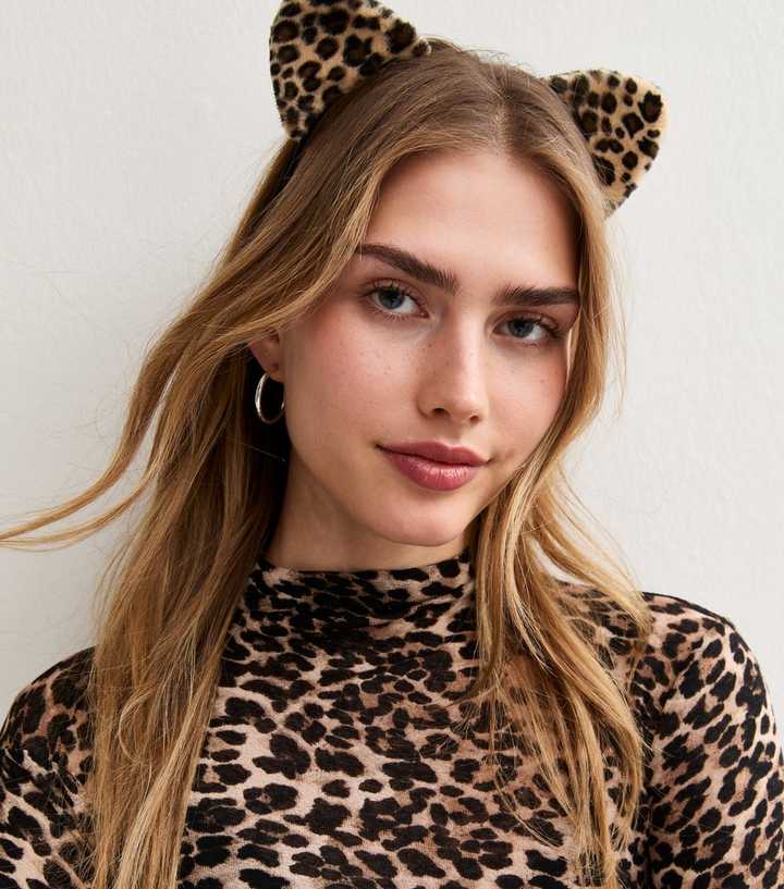 Brown Faux Fur Leopard Cat Ears Headband