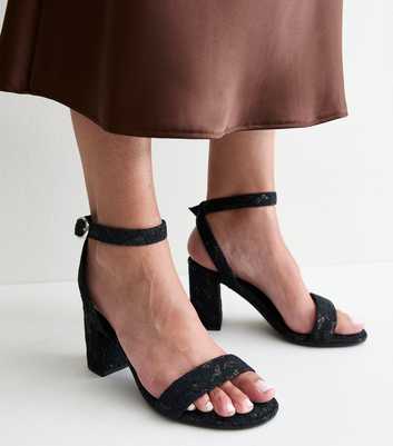 Wide Fit Black Shimmery Lace Block Heel Sandals