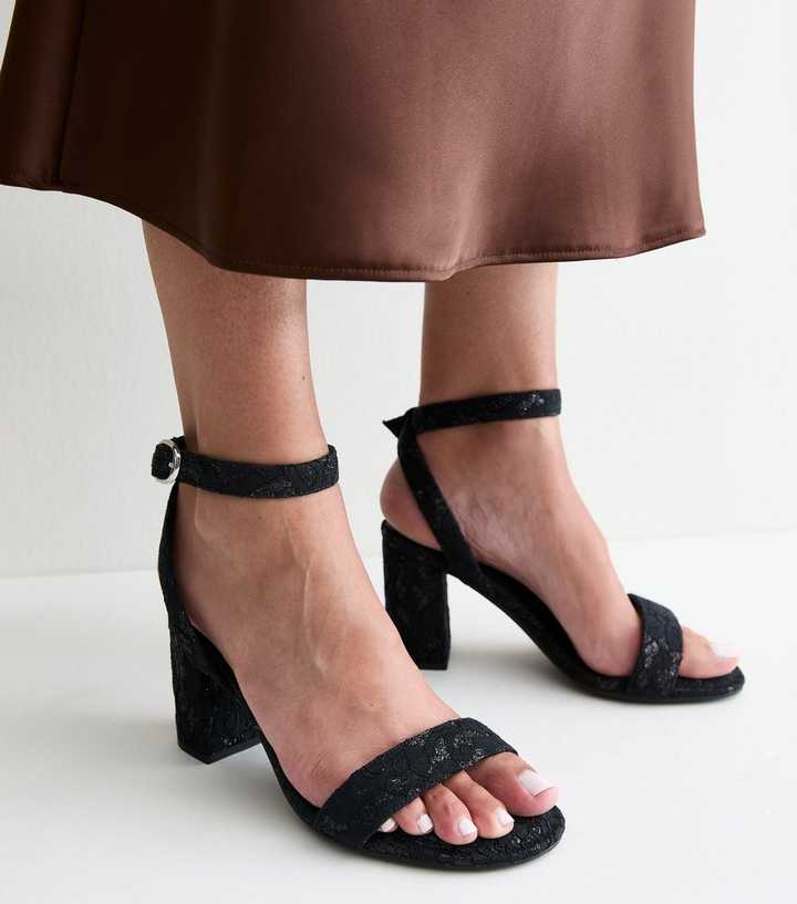 Wide Fit Black Shimmery Lace Block Heel Sandals