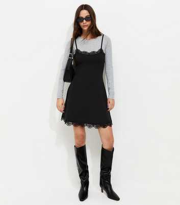 Black 2in1 Lace Trim Layered Strappy Mini Dress