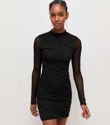 Black Mesh Ruched Long Sleeve Mini Dress