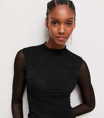 Black Mesh Ruched Long Sleeve Mini Dress