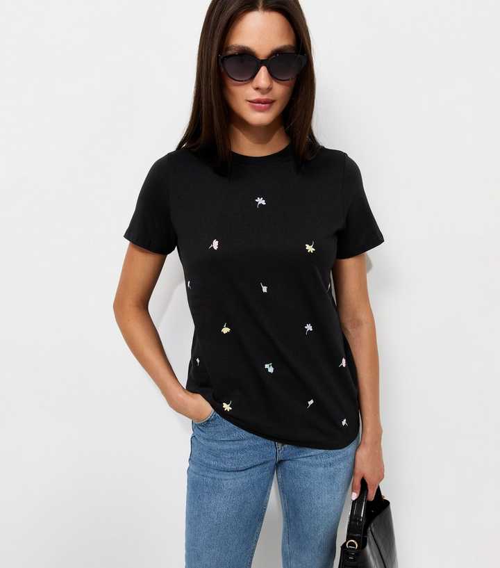 Black Flower Bud Print Relaxed T-Shirt