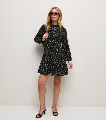 Black Frill Trim Long Sleeve Ditsy Print Button Mini Dress
