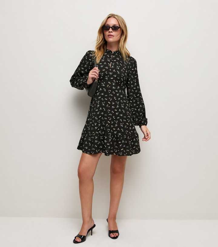 Black Frill Trim Long Sleeve Ditsy Print Button Mini Dress