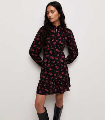 Red Rose Print Frill Collar Long Sleeve Button Mini Dress