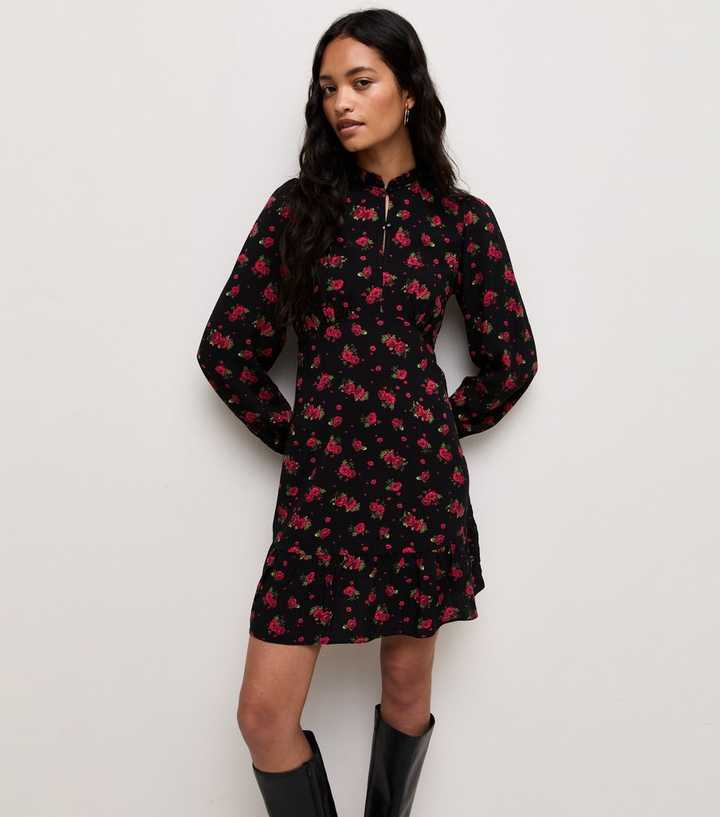 Red Rose Print Frill Collar Long Sleeve Button Mini Dress