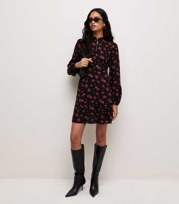 Red Rose Print Frill Collar Long Sleeve Button Mini Dress