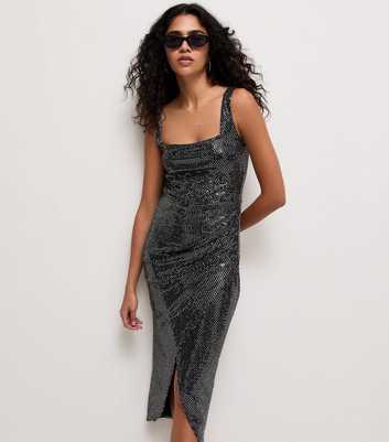 Black Sequin Square Neck Wrap Midi Dress
