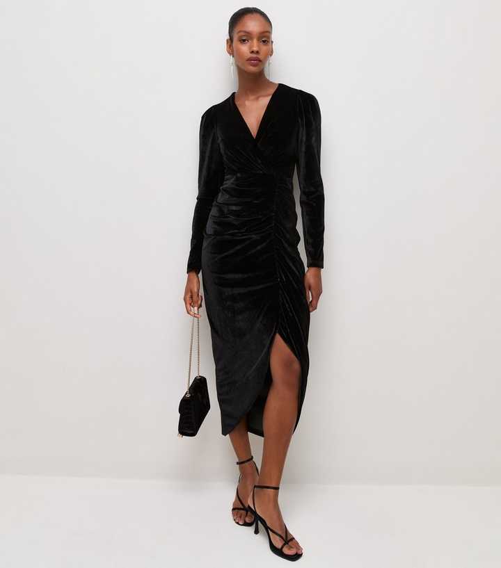 Black Long Sleeve Velvet Wrap Figure Skimming Midi Dress
