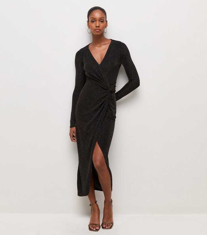 Black Shimmer Wrap Midi Dress
